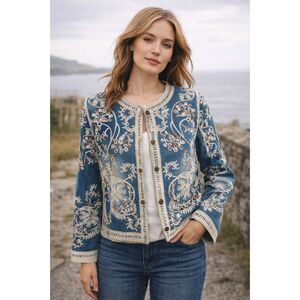 Indigo & Lace Boho Embroidered Denim Jacket Sz M Romantic Crochet Cottage Folksy